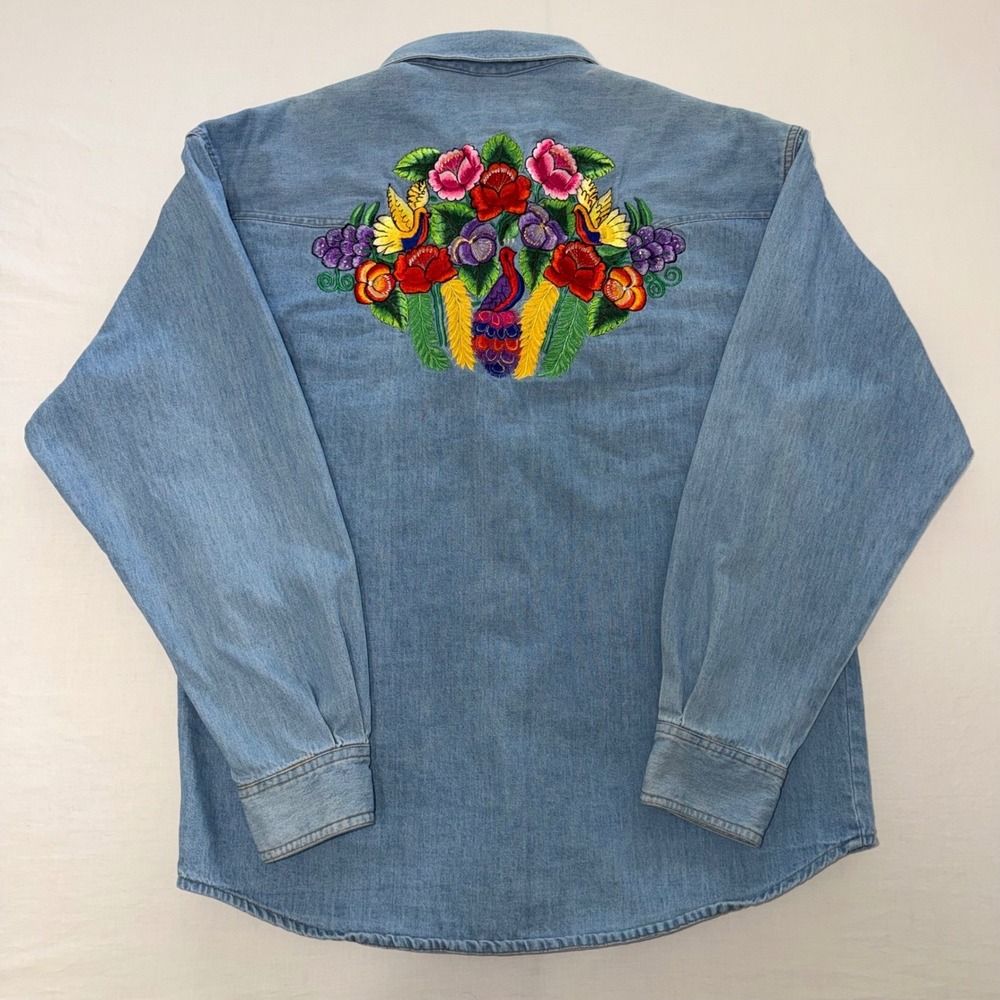 Vintage Jake Stuart Denim Shirt Floral Bird Embroidered Western 32/1000 USA